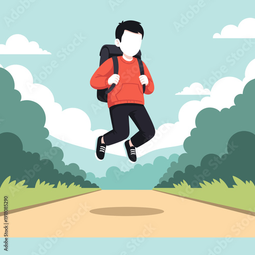 Joyful Boy in Orange Hoodie Backpack Jumping on Path Amidst Lush Forest and Clouds