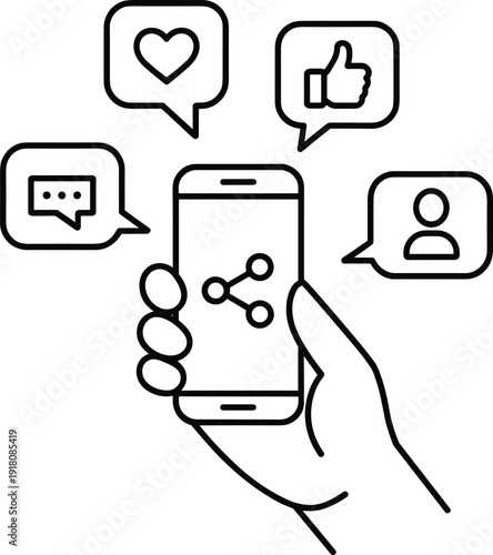 Business communication icon set featuring black line symbols for email, phone, chat, support, computer, laptop, magnifying glass, location pin, and headphones.