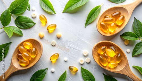 Nutritional supplements on wooden spoons with green leaves for wellness