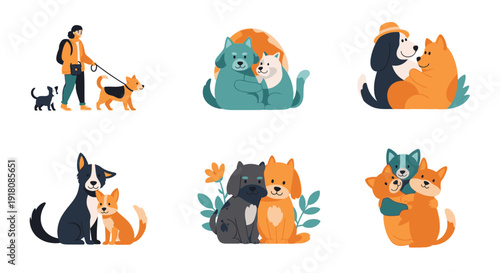 Illustrations of pets and their companions in various affectionate poses and settings