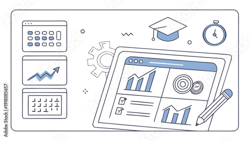 Business analytics and planning concept with graphs charts and calendars on a digital tablet