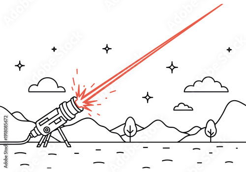 Sci Fi Cannon Fires Red Laser Beam Into Starry Night Sky Above Rolling Hills