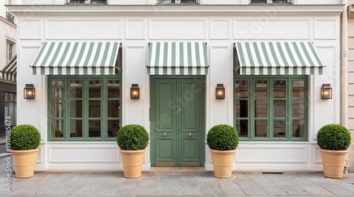 Elegant building facade with green striped awnings and large potted plants lining the sidewalk