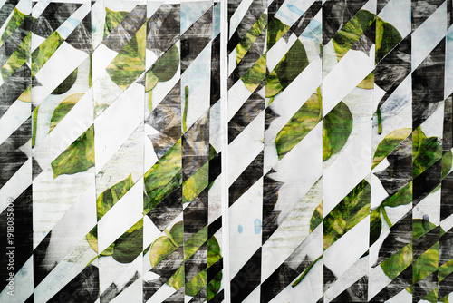 Slanted checker graphic made of paper with photocopies of leaves