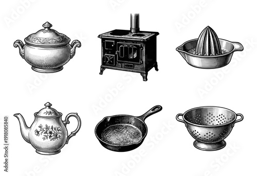 Vintage kitchenware collection featuring woodcut style illustrations of a wood stove, teapot, skillet, colander, juicer, and tureen.