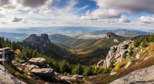 Panoramic view of the Jizera Mountains with rock formations and autumn colors