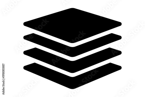 layered geometric glyph symbol representing stacking and overlapping elements, minimalist design 
