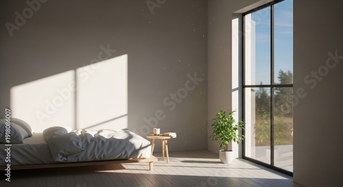 A minimalist bedroom with a large window, a bed, and a potted plant.