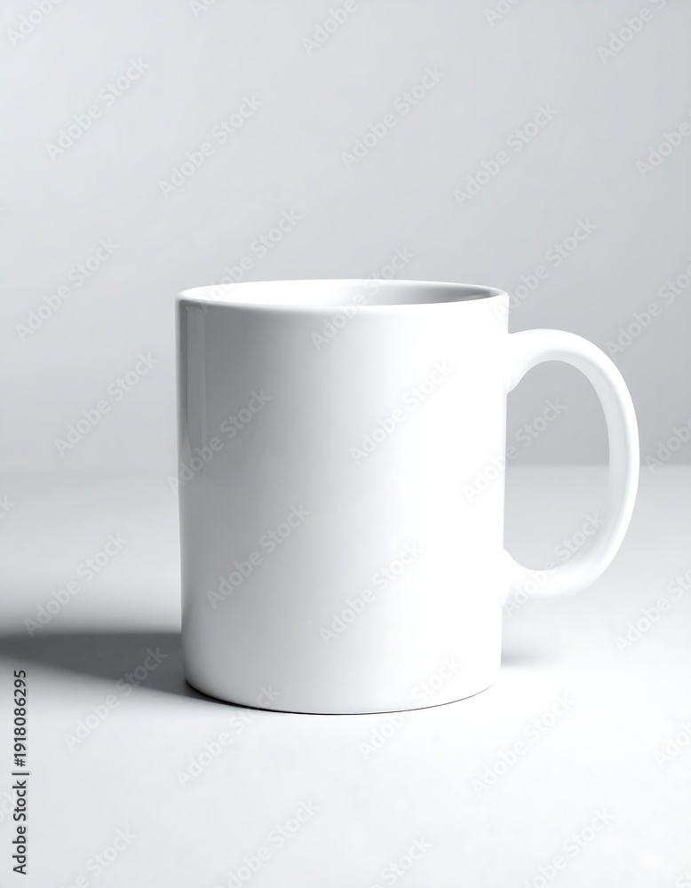 Obraz premium A plain white ceramic mug sits angled on a white surface with a simple white backdrop, softly shadowed