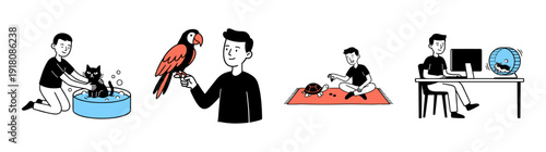 Minimalist Flat Vector Pet Care and Ownership Character Illustration Element Kit for Domestic Animal Services