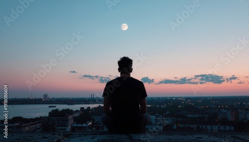 Silhouette of a person looking out at cityscape during twilight with moon in the sky