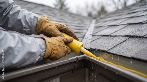 Hands wearing gloves apply sealant to a rain gutter on a wet roof