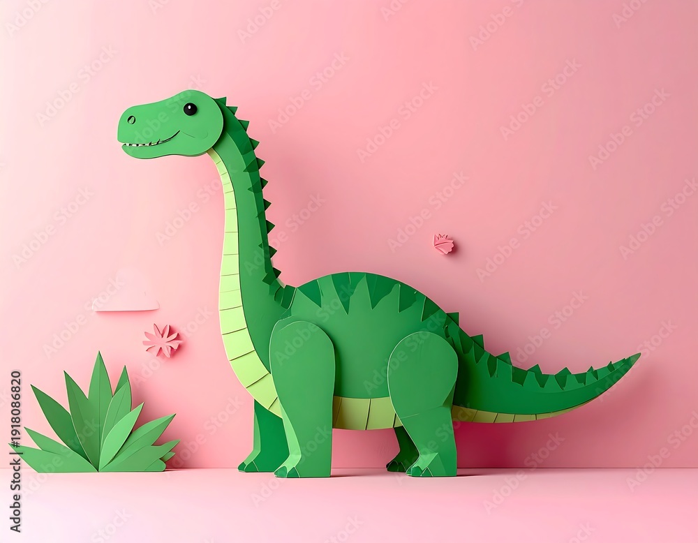 Fototapeta premium Cute, crafted green dinosaur on pastel pink, with paper plants, simple, charming, kid-friendly digital art piece