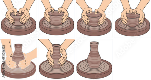 Step by step sequence of hands shaping clay on a pottery wheel vector illustration set isolated on white background for ceramic hobby or craft workshop.