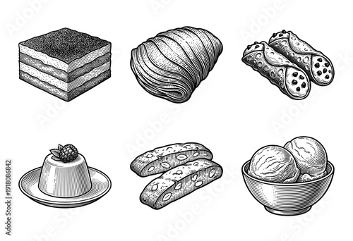 Set of Italian dessert illustrations featuring tiramisu, cannoli, panna cotta, biscotti, and gelato in a detailed vintage woodcut engraving style.