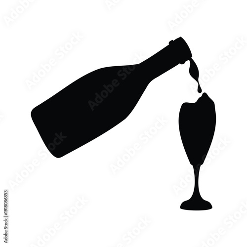 champagne bottle pouring into glass silhouette vector illustration, Silhouette of wine bottle pouring into glass, elegant vector illustration for wine lovers