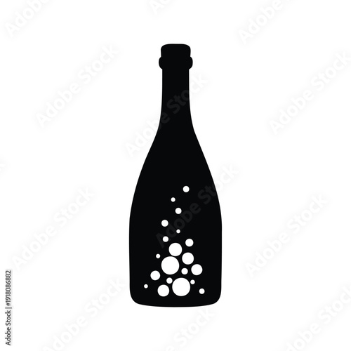 champagne bottle with bubbles silhouette vector illustration, Elegant sparkling wine bottle with bubbles silhouette vector illustration