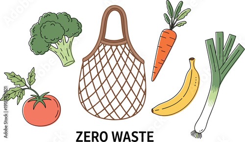 Zero waste lifestyle vector illustration set with reusable mesh bag broccoli carrot tomato banana and leek isolated on white background for sustainability.