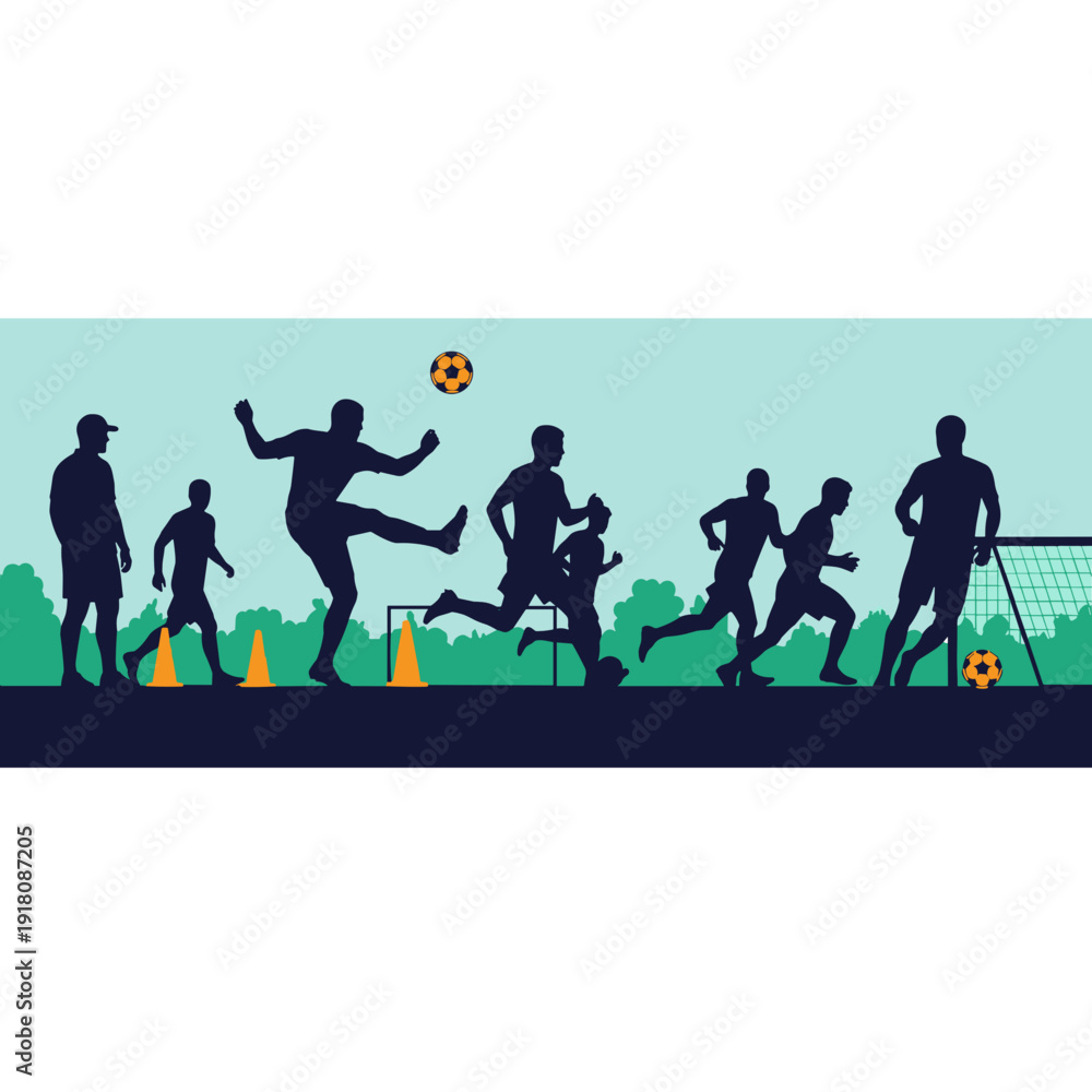 Obraz premium Blue Silhouette of Soccer Players Training on Urban Field Background
