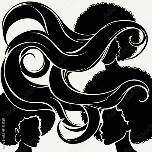 Abstract Line Art Illustration of Women with Long Flowing Hair Silhouettes