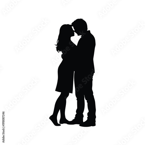 couple hugging silhouette vector illustration, Romantic couple embracing in the evening with a beautiful sunset silhouette vector illustration