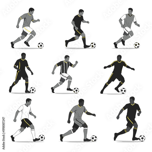 Silhouette Collection of Soccer Players Dribbling and Passing the Ball