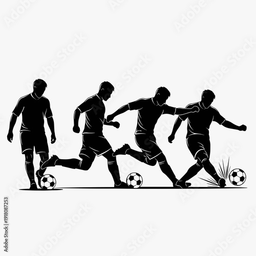 Group of Soccer Players Silhouettes Competing for Ball on Pitch
