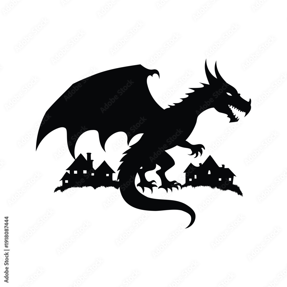 Fototapeta premium dragon attacking village silhouette vector illustration, Silhouette of a fierce dragon with wings spread, sitting on a castle silhouette vector illustration