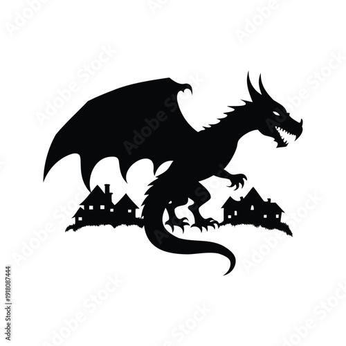 dragon attacking village silhouette vector illustration, Silhouette of a fierce dragon with wings spread, sitting on a castle silhouette vector illustration