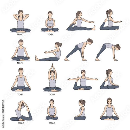 Instructional Set of Yoga Poses for Beginners and Intermediate Levels