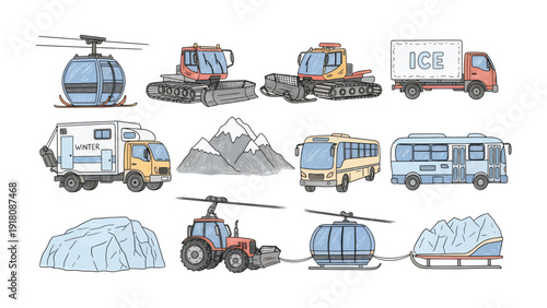 Snow Transportation Assortment: A diverse collection of vehicles meticulously illustrated, each designed for navigating snowy terrains.
