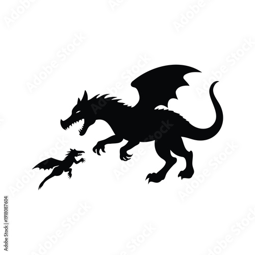 dragon chasing prey silhouette vector illustration, A pair of dragons in dynamic pose with one chasing the other, silhouette vector illustration
