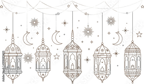 Traditional Ramadan Lantern Set with Hanging Crescent Moons and Stars Line Art for Islamic Holidays, Eid Mubarak Decorations, Invitations, and Cultural Greeting Cards