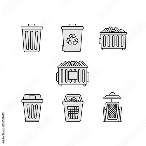 Collection of Minimalist Line Art Trash Bin Icons for Sanitary Services