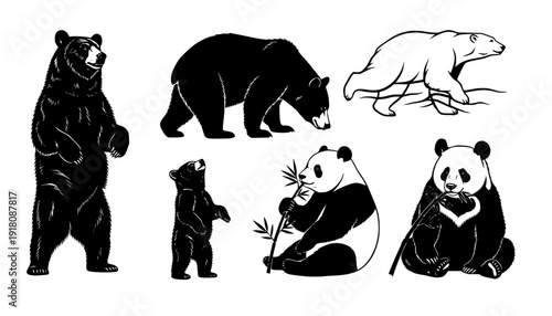 various bear silhouettes on the white background
