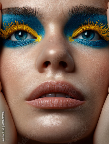 blue and yellow eyeshadow makeup model