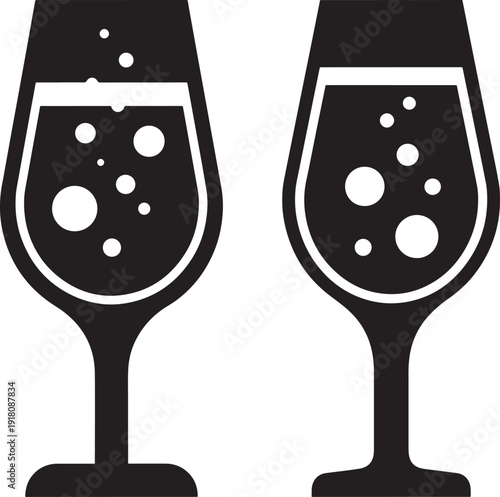 Two glass of champagne silhouette with bubbles alcohol