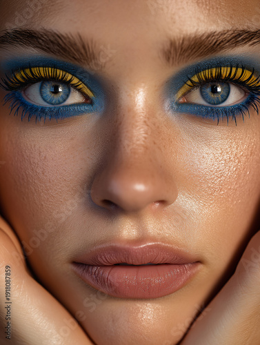 blue and yellow eyeshadow makeup model