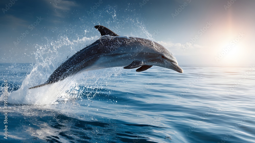 Fototapeta premium Dolphin Leaping from Ocean Waves at Sunset.