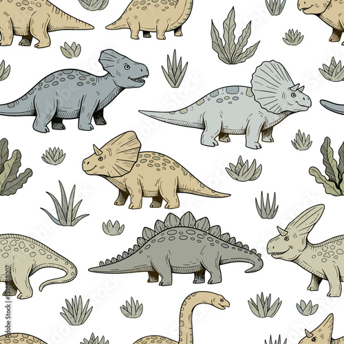 Seamless Pattern of Grey Hand Drawn Dinosaur Sketches on White