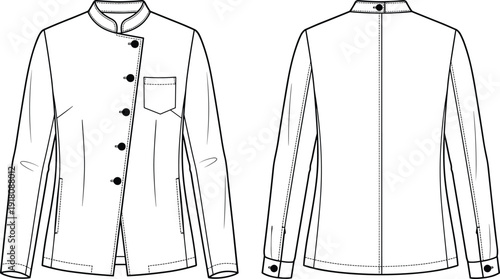 Technical fashion flat sketch of a women's chef jacket with asymmetric button closure, mandarin collar, and long sleeves viewed from front and back.