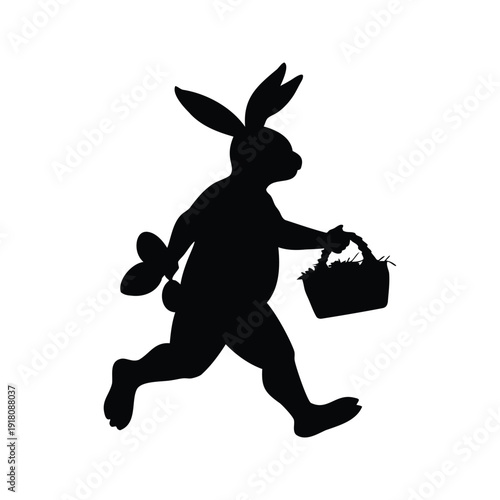 easter bunny delivering eggs silhouette vector illustration, A rabbit carrying a basket filled with colorful flowers, silhouette vector illustration