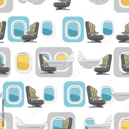 Seamless Pattern of Airplane Passenger Seats and Windows in the Sky
