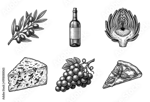 Vintage woodcut style collection of Mediterranean food and drink icons including wine cheese olives artichoke grapes and pizza slice.