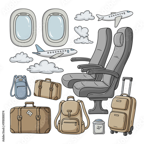 Hand Drawn Doodle Set of Travel Essentials including Airplane Seats and Luggage