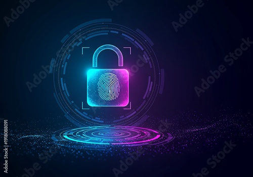Digital security lock icon featuring a fingerprint scanner and futuristic interface elements creating a concept for data protection and biometric authentication