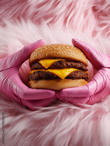 hamburger in a hand with pink gloves