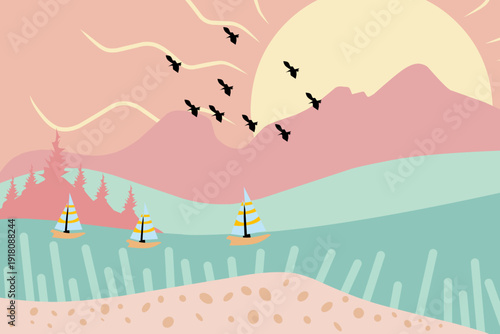 Pastel Sunset Lake Landscape with Sailboats Vector Illustration