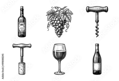Vintage hand drawn wine collection featuring bottles, grapes, glasses, and corkscrews in a detailed woodcut etching style.