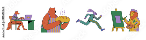 Flat Vector Anthropomorphic Animals Character Asset Sheet for Career and Lifestyle Concept Design